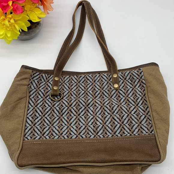 Myra Bag Brown Criss Cross Pattern Shoulder Bag Tote - Picture 3 of 15